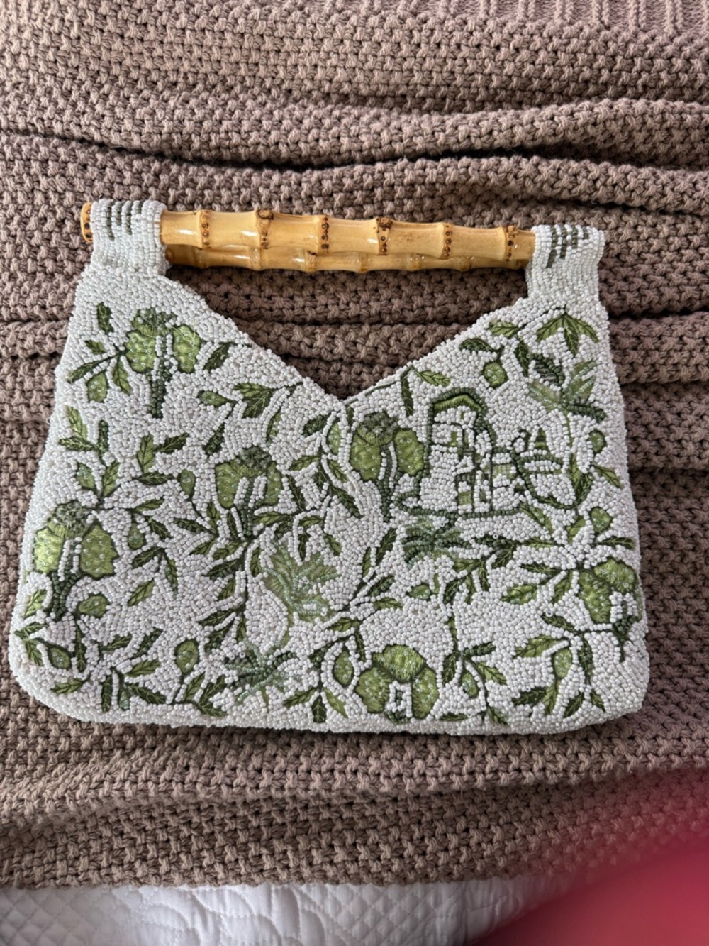 White Beaded Shoulder Bag with Green Floral Embroidery and Bamboo Handle